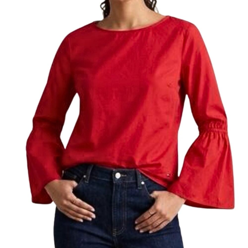 Tommy Hilfiger Bold Red Trumpet Sleeve Blouse Lightweight Casual Top Sz L